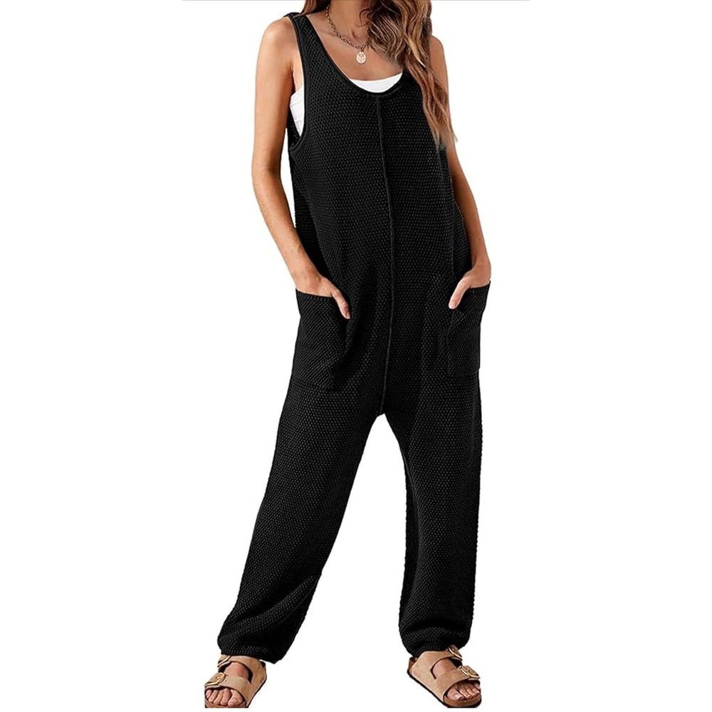 Waffle Knit Overall Jumpsuit Baggy Sleeveless Pockets Women's Size Small Loose